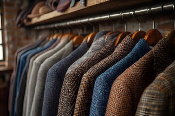 Obraz premium Unique collection of tailored jackets displayed on hangers in a stylish boutique setting