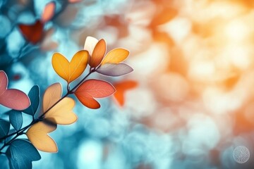 Pastel Heart-Shaped Leaves on a Branch, Nature Background With Dreamy Bokeh, Colorful Autumn Foliage