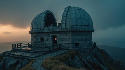 Obraz premium Majestic Observatory on Mountain Peak During Dramatic Sunset Sky