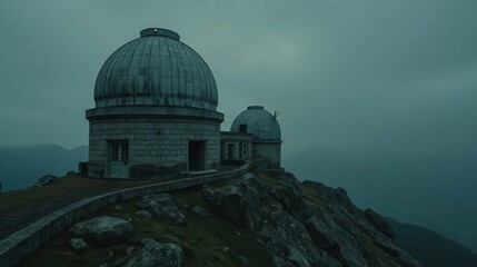 Obraz premium Abandoned Observatory Domes on Rocky Mountain Peak Under Gray Sky