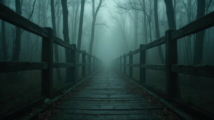 Fototapeta premium Moody Forest Pathway Surrounded by Fog and Trees in Dim Light
