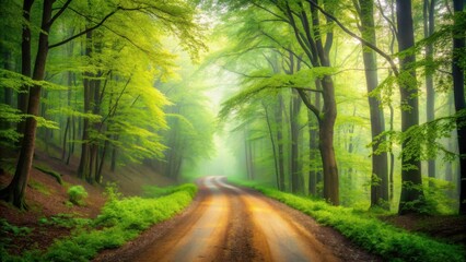 Fototapeta premium Misty Forest Path Winding Through Lush Green Canopy