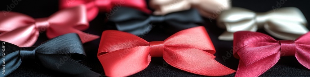 Poster close-up shot of a collection of colorful bows on a table