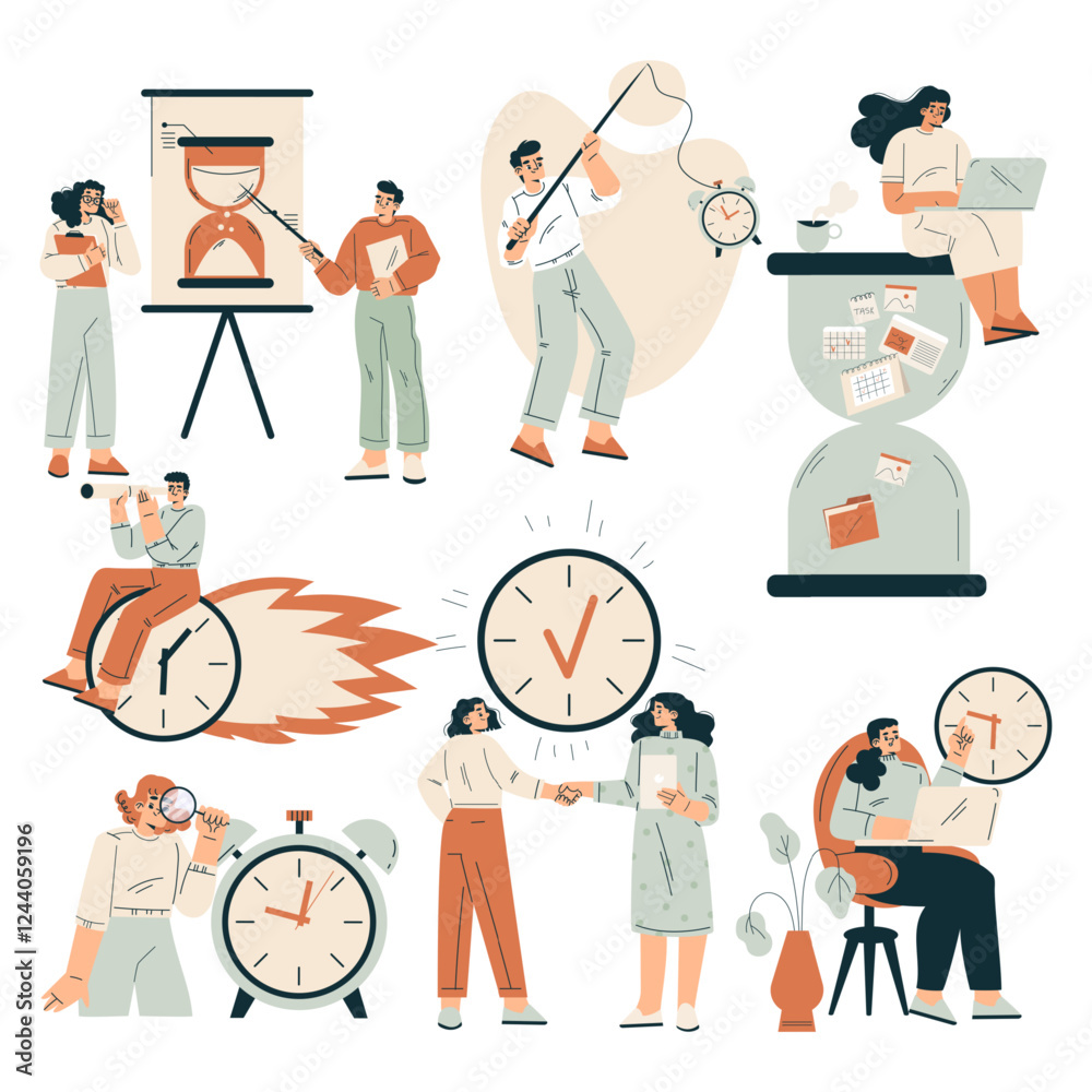 Poster Time Management with Man and Woman Organizing Efficient Business Process Vector Set