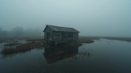 Fototapeta premium Mysterious Abandoned House in Foggy Wetland Landscape