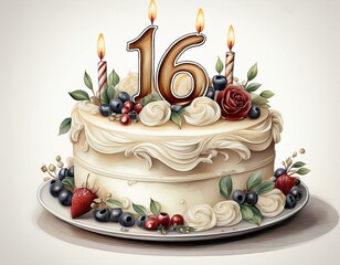 Illustration of decorated white cake for birthday or anniversary party. Number 16, sixteenth birthday celebration