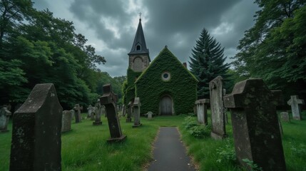Fototapeta premium Serene Cemetery Pathway Leading to Historic Ivy-Covered Church