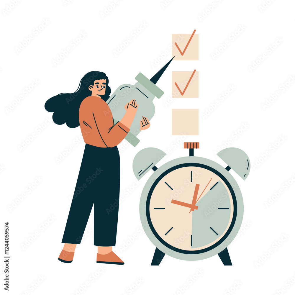 Aufkleber Time Management with Woman Character Check Box Organizing Efficient Business Process Vector Illustration
