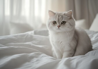 Obraz premium Adorable fluffy white cat sitting on a bed with soft blankets and natural light streaming through curtains in a cozy and serene interior setting