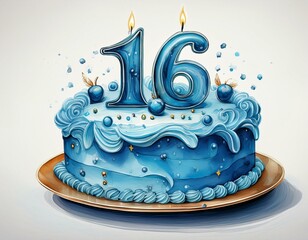 Illustration of decorated blue cake for birthday or anniversary party. Number 16, sixteenth birthday celebration