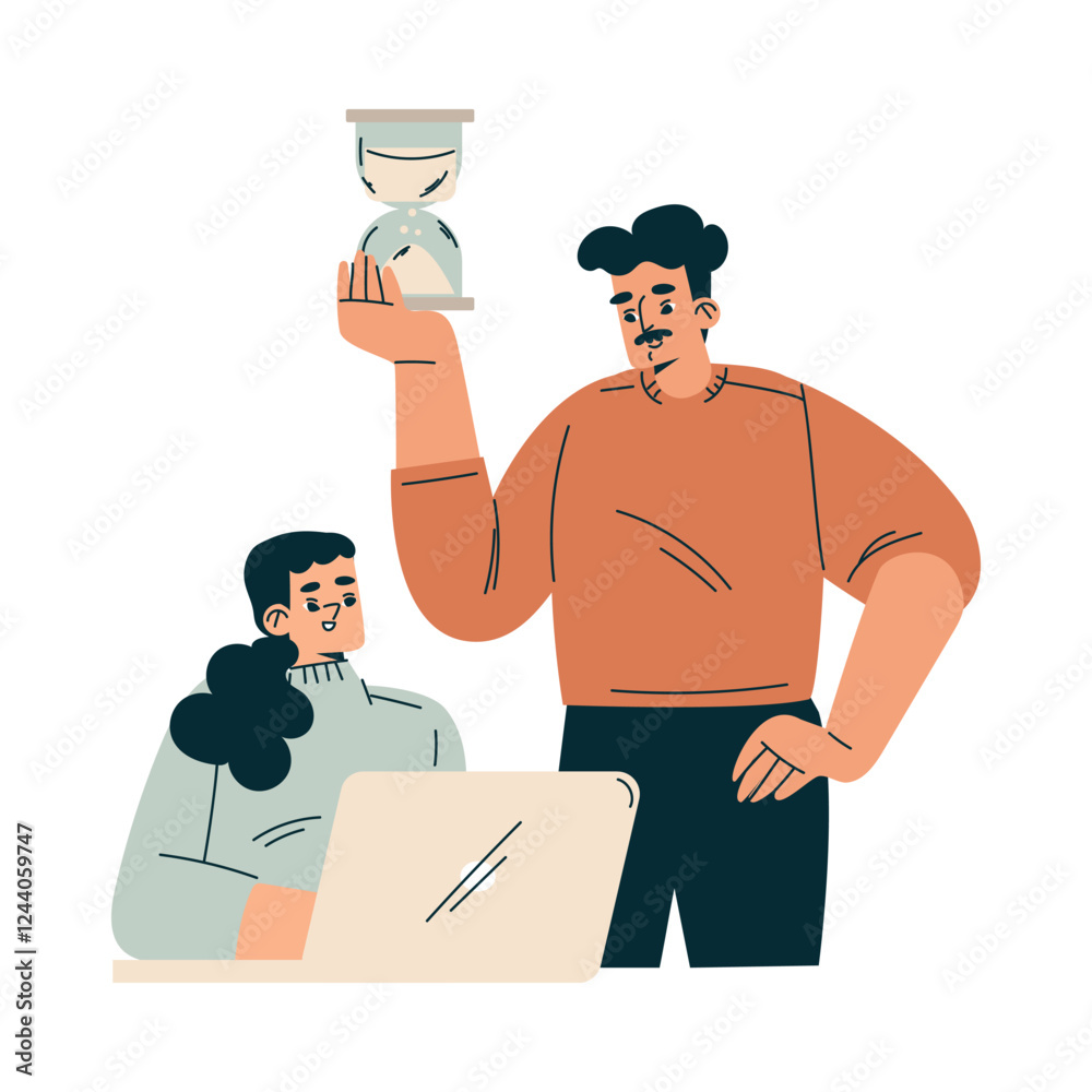 Poster time management with man and woman character with hourglass at laptop organizing efficient business 