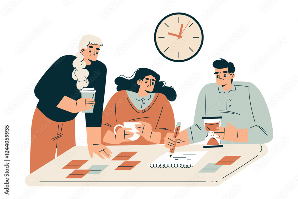 Poster time management with man and woman character organizing efficient business process vector illustrati