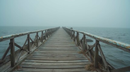 Serene Foggy Pier Stretching into Calm Waters on a Misty Day