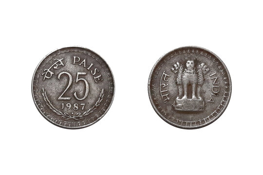 25 Paise 1987 Nickel coin. Coin of India. Coin 25 paise 1987 Obverse and Reverse on white background