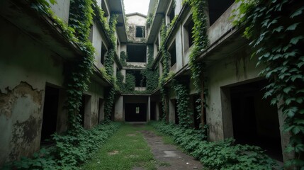 Fototapeta premium Overgrown Abandoned Building Surrounded by Lush Greenery and Vines