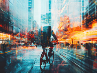 vibrant cityscape merges with cyclist in motion, showcasing dynamic energy of urban life. colorful lights and reflections create captivating atmosphere