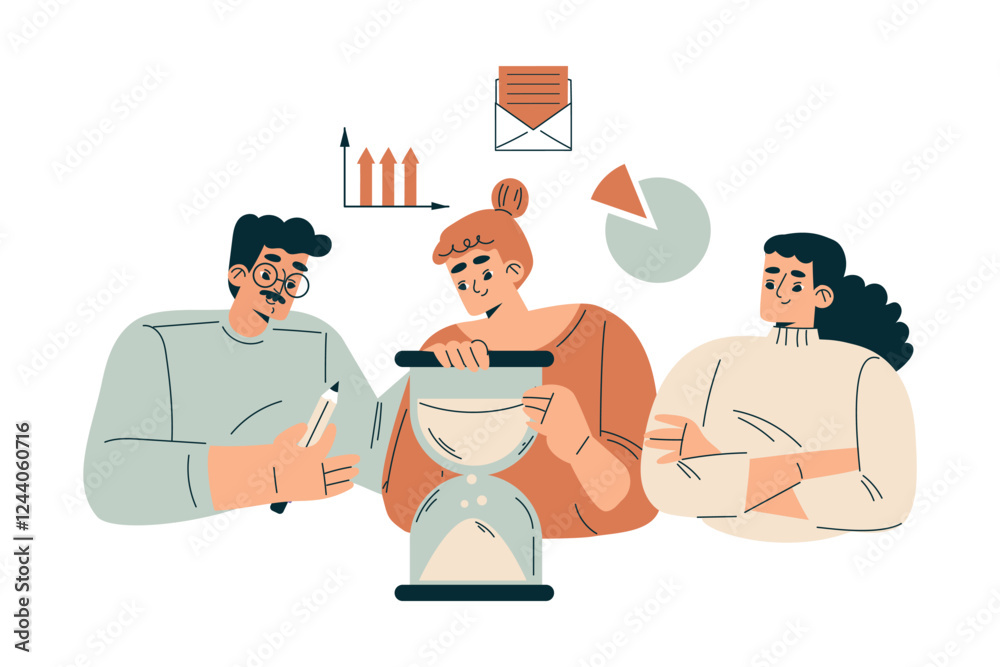 Aufkleber time management with man and woman character with hourglass organizing efficient business process ve