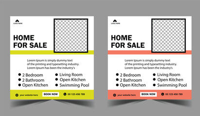 Real estate social media post template design. Colorful home sale square social media banner and abstract