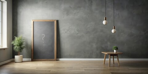 Modern minimalist interior with a question mark on a blackboard