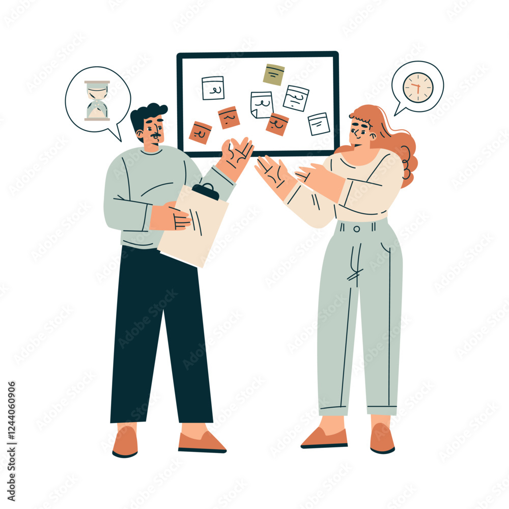Aufkleber Time Management with Man and Woman Character Organizing Efficient Business Process Vector Illustration