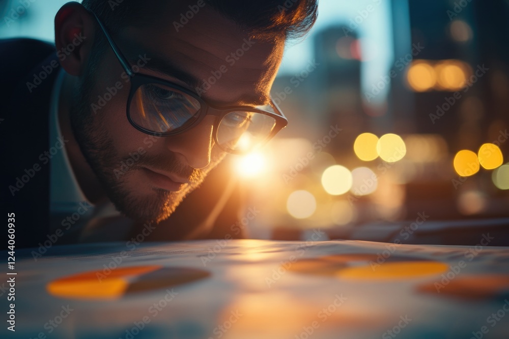 Poster a person studying a board game, possibly analyzing strategy or planning next move