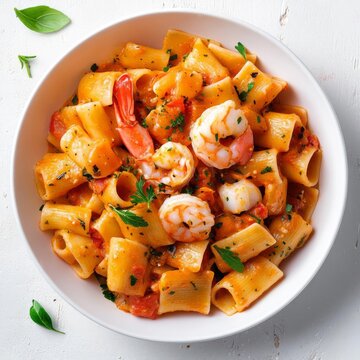 A serving of paccheri with seafood medley, bold and flavorful, realistic photography, vibrant red and pink tones, isolated on white background