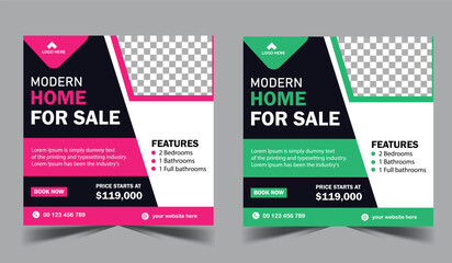 Real estate social media post template design. Colorful home sale square social media banner and abstract