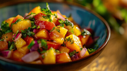 Vibrant Fresh Fruit Salad with Peaches On Wooden Table Surrounded by Herbs and Colorful Vegetables