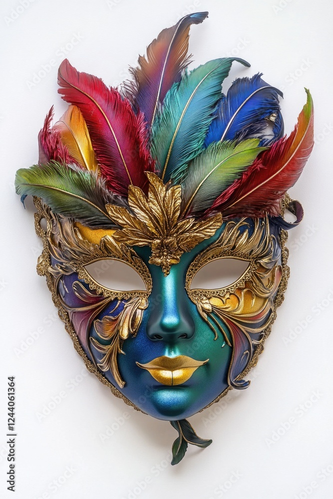 Poster a detailed view of a mask adorned with colorful feathers, ideal for use in costumes or cultural perf