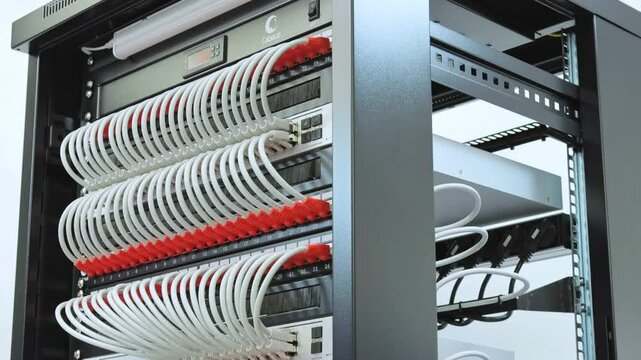 Multimedia rack with telecommunication equipment and amplifiers.