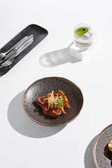 Gourmet Beef Tenderloin with Mushroom Sauce Modern Minimalist Culinary Photography in Natural Light