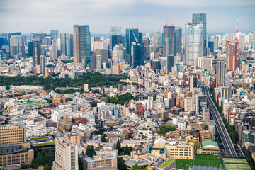 Naklejka premium Views of Tokyo from Shibuya Sky rooftop at sunset, in Shibuya, Tokyo, Japan