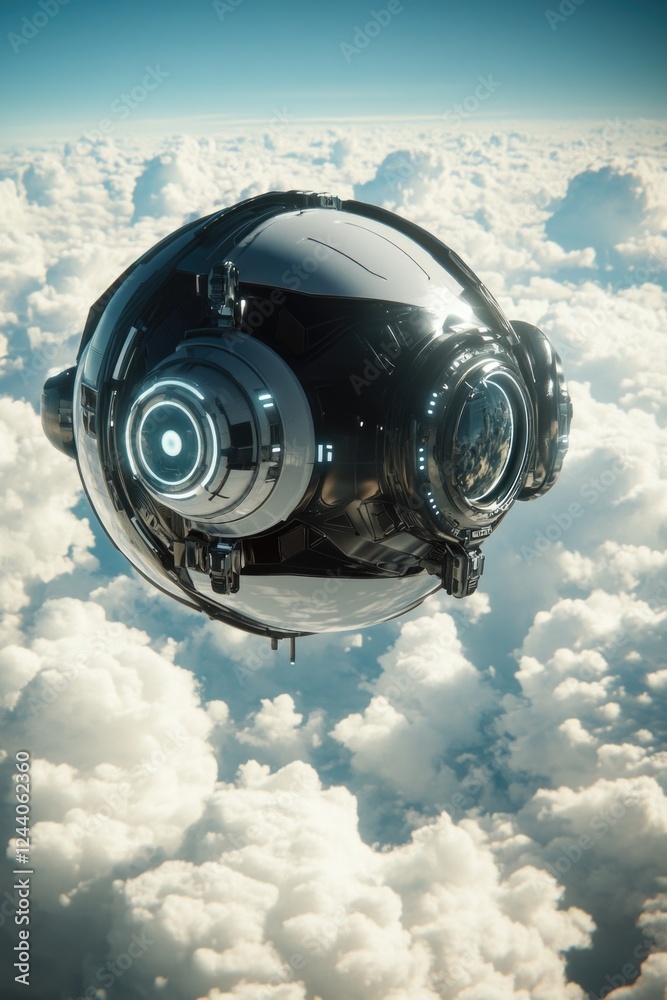 Poster Futuristic object floats above clouds with blue sky in background