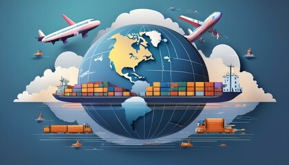 컨테이너 선박, 화물 비행기, 철도 물류가 함께 배치된 무역 지구본
