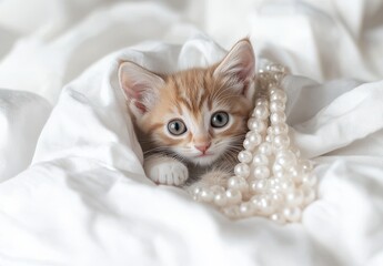 Obraz premium Adorable Ginger Kitten with Blue Eyes Nestled in Soft White Blanket Surrounded by Elegant Pearls in Cozy Indoor Setting