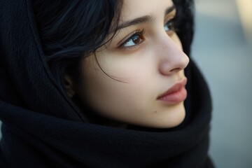 A close-up shot of a person wearing a scarf