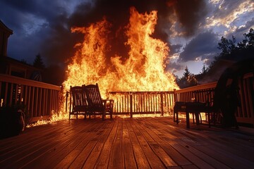 Raging fire engulfs wooden deck in backyard during evening hours with dark clouds looming overhead. Generative AI
