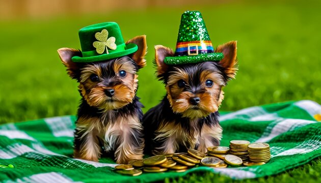 Celebrating a festive occasion with two adorable Yorkshire Terriers dressed in green hats surrounded by coins