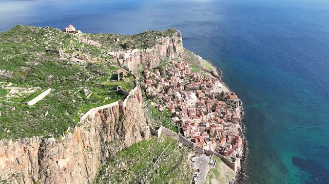 Aerial view of Monemvasia, a medieval fortress town on a rocky peninsula in Laconia, Peloponnese, Greece
