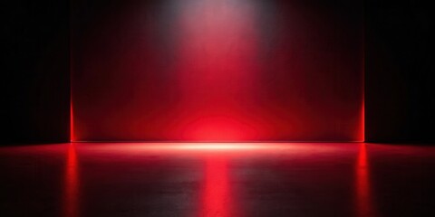 Red Illuminated Room with Dark Corners and Reflective Floor