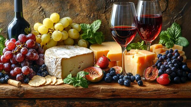 A vibrant cheese and wine platter with fruits on a rustic wooden table