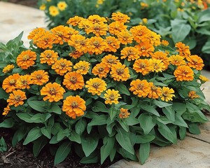 Lush cluster of vibrant orange zinnias in full bloom.