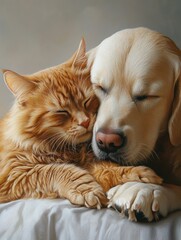 Adorable Golden Retriever and Ginger Cat Snuggling Together in Peaceful Sleep, Showcasing the Bond Between Dogs and Cats in a Cozy Setting
