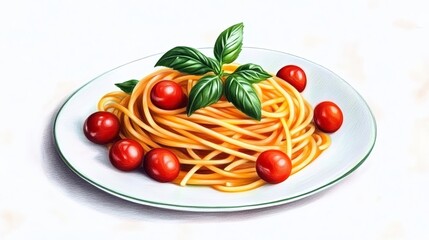 A serving of spaghetti with cherry tomatoes and basil, simple and fresh, artistic pencil sketch, soft red and green tones, isolated on white background