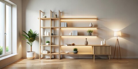Modern Minimalist Living Room Decor with Light Wood Shelving and Floor Lamp
