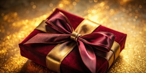 A luxurious velvet gift box with a golden and burgundy ribbon bow on a sparkling background