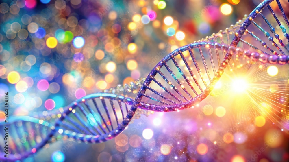 Wall mural illuminated dna double helix structure with festive sparkle background