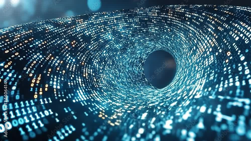 Poster binary vortex: a swirling vortex of digital code, rendered in vibrant blue and gold hues, evokes a s