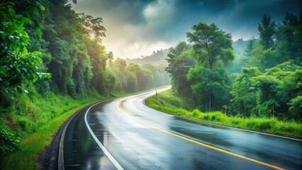 Scenic Winding Road Through Lush Green Foliage After a Rain Shower
