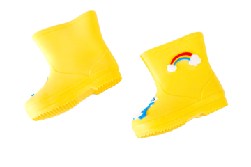 A pair of Yellow rubber boots kids with unicorn on white background 